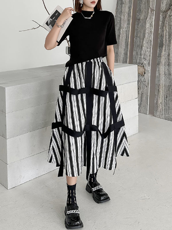 A-Line Roomy Striped Elasticity Split-Joint Streamer Skirts Bottoms