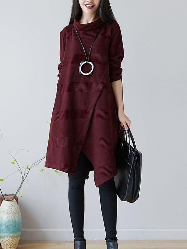 Women Solid Color High Collar Casual Dress