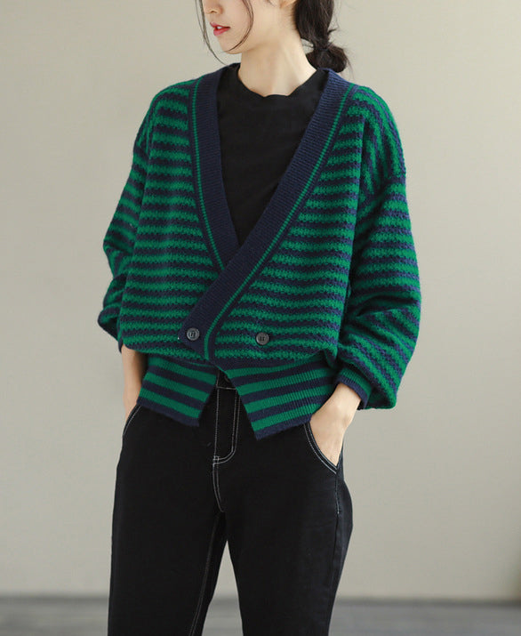 Loose Casual V-Neck Stitching Striped Sweater Coat