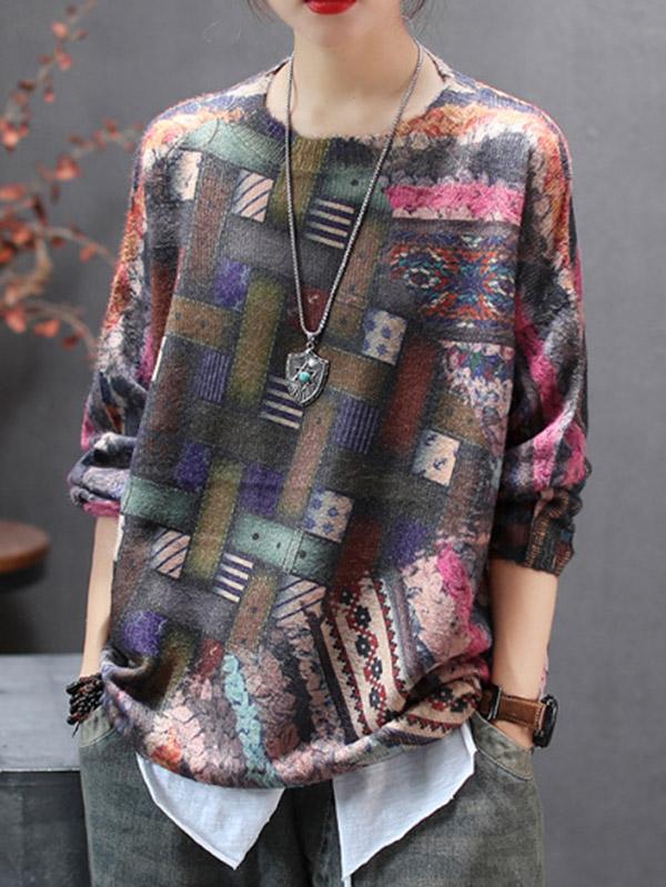 Loose Ethnic Style Print Round Neck Sweater