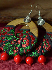 Vintage Wood Cloth Embroidered Earrings