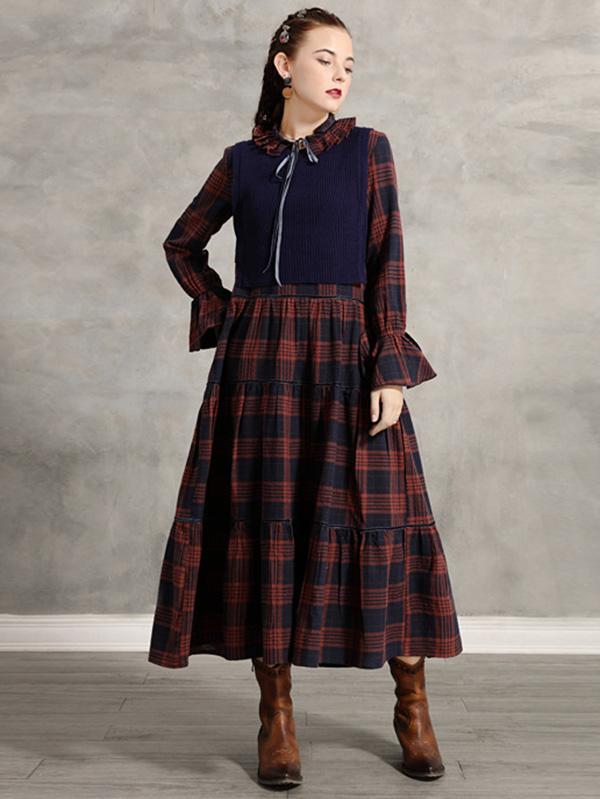 Vintage Pleated Bow Plaid Doll-Neck Midi Dress