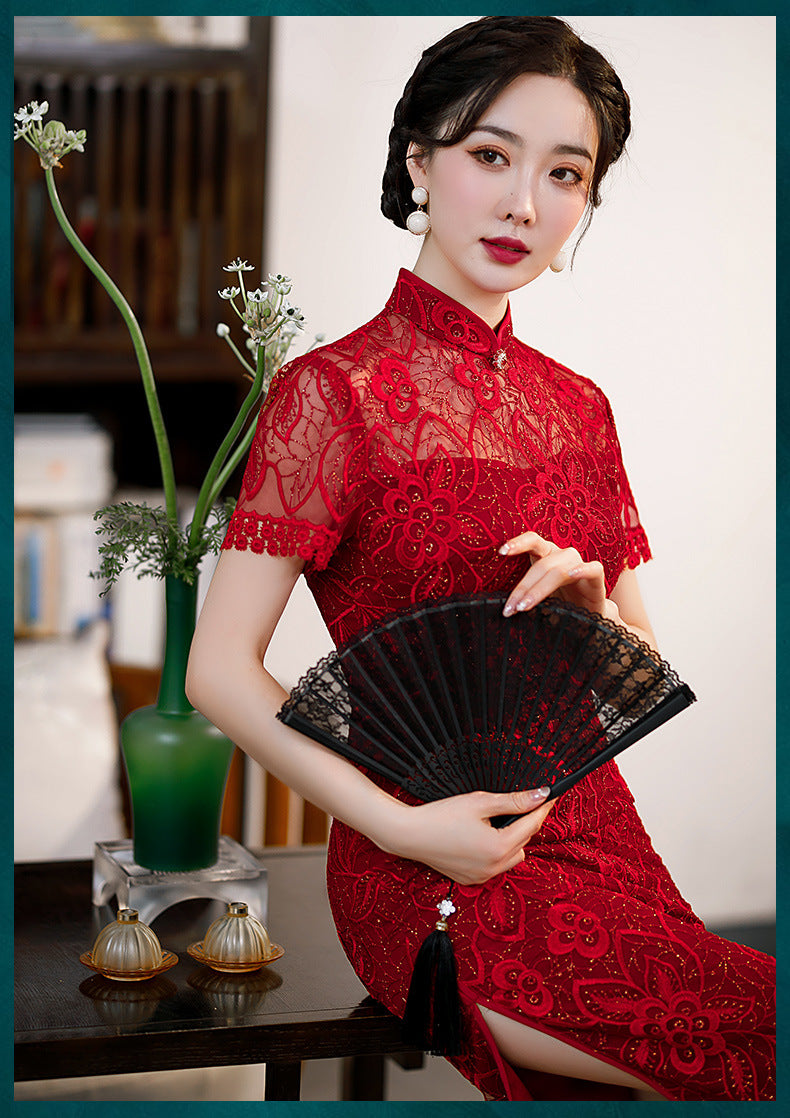 Sequin Hollowed Out Round Lapel Slim Fit Cheongsam With Low Slit Midi Dress