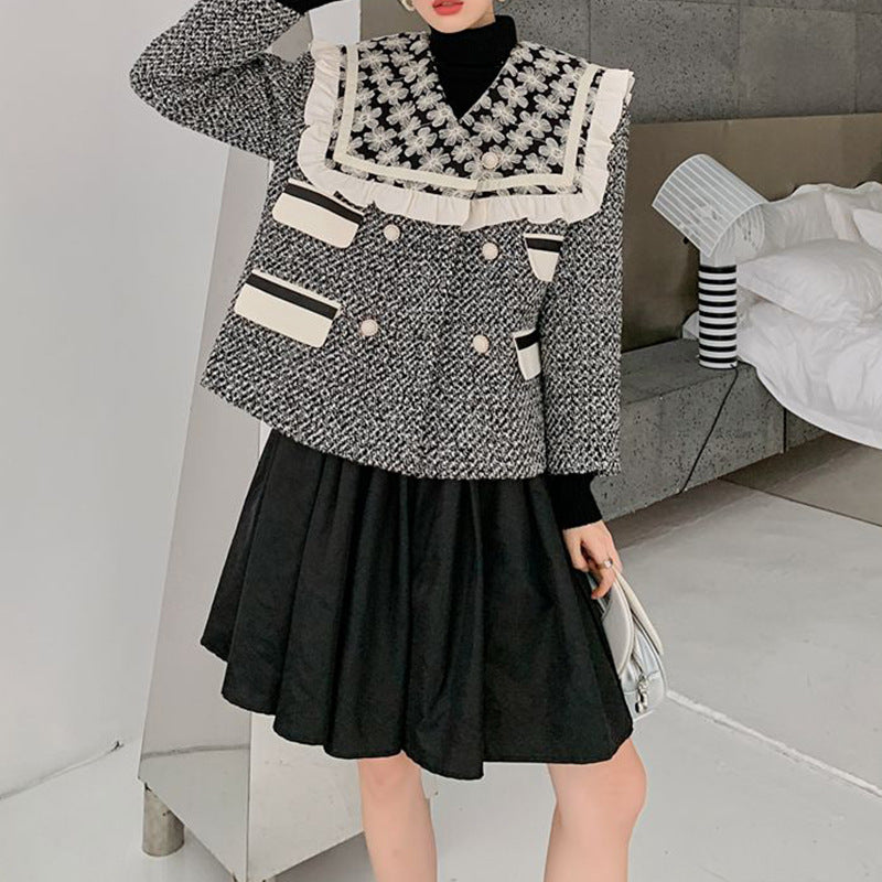 Retro Houndstooth Embroidered Lace Collar Outwear