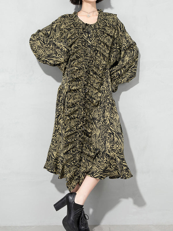 Women Floral Polka Dot Puff Sleeve Dress