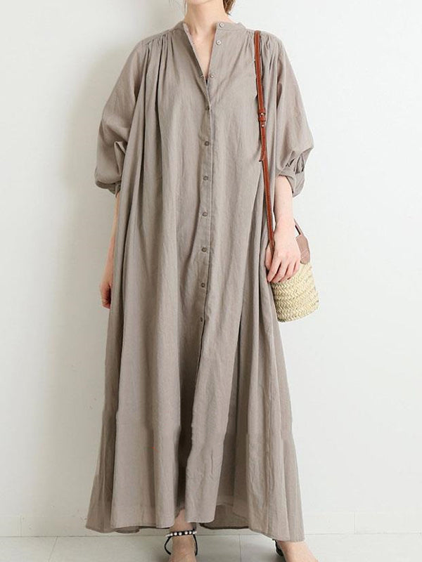 Solid Color Puff Sleeve Button Loose Dress