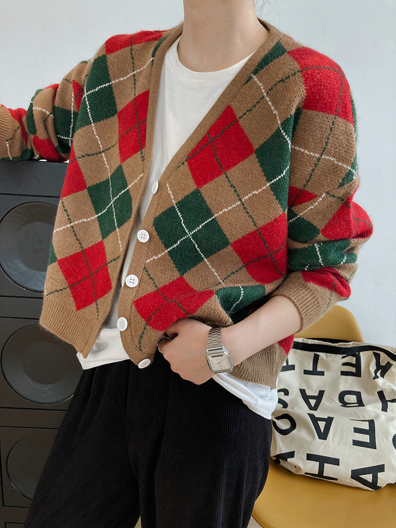 Retro Plaid Print V-Collar Casual Sweater