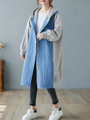 Large Size Hooded Denim Stitching Mid-Length Coat