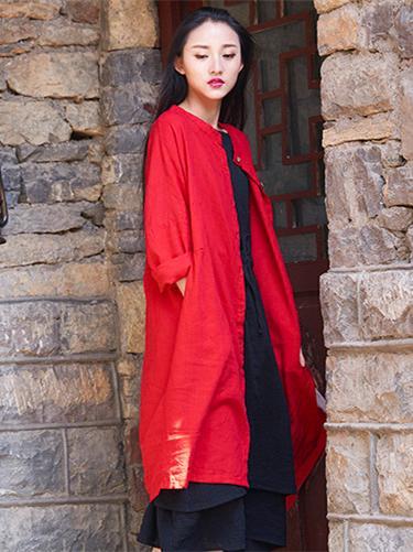 Soft Red Ramie Cotton Linen Cover-up Cardigan