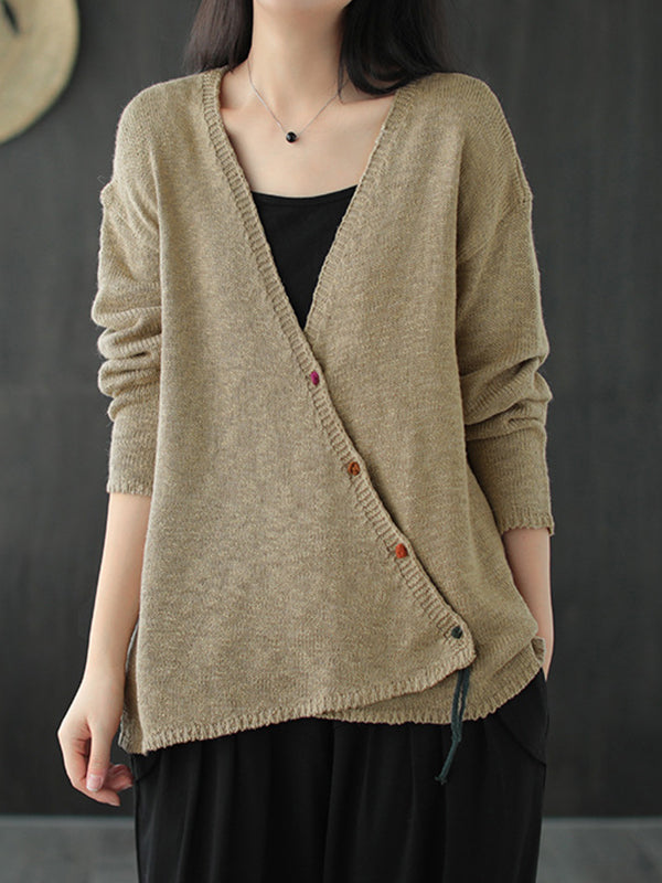 Solid V-Neck Loose Retro Cardigan Outwear