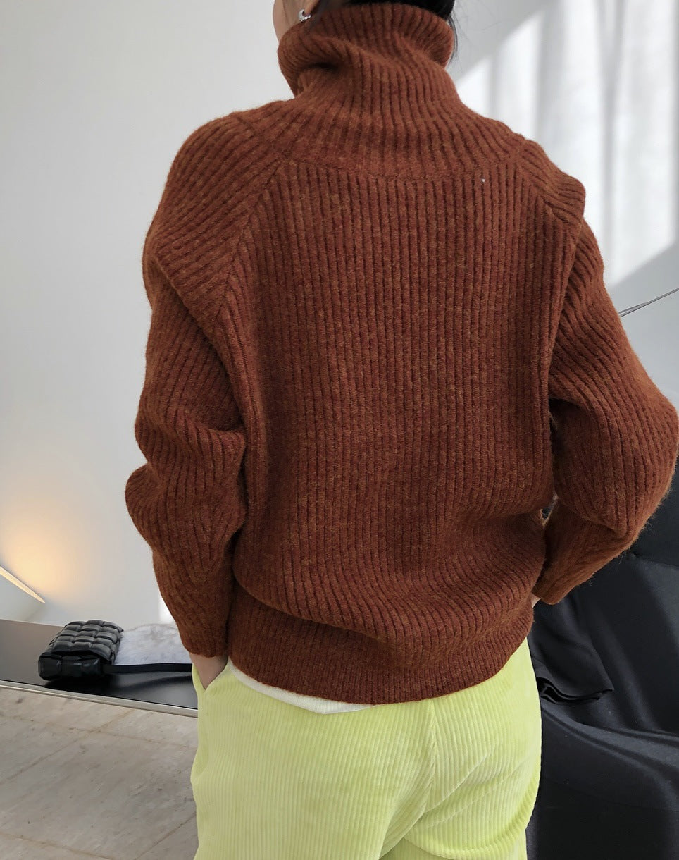 High Neck Solid Color Wool Pullover Sweater