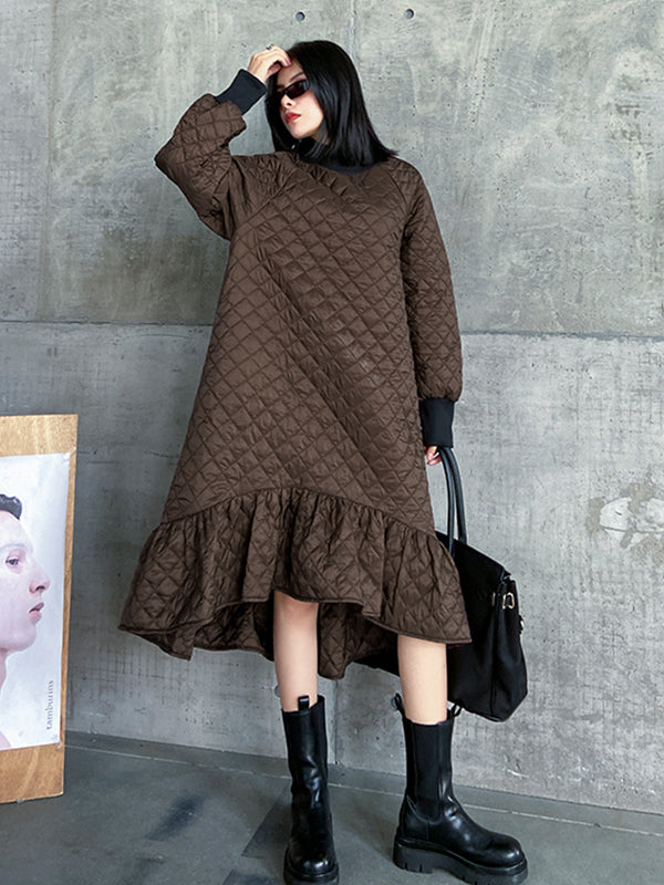 Casual Ruffled Solid Color Plaid Midi Dress