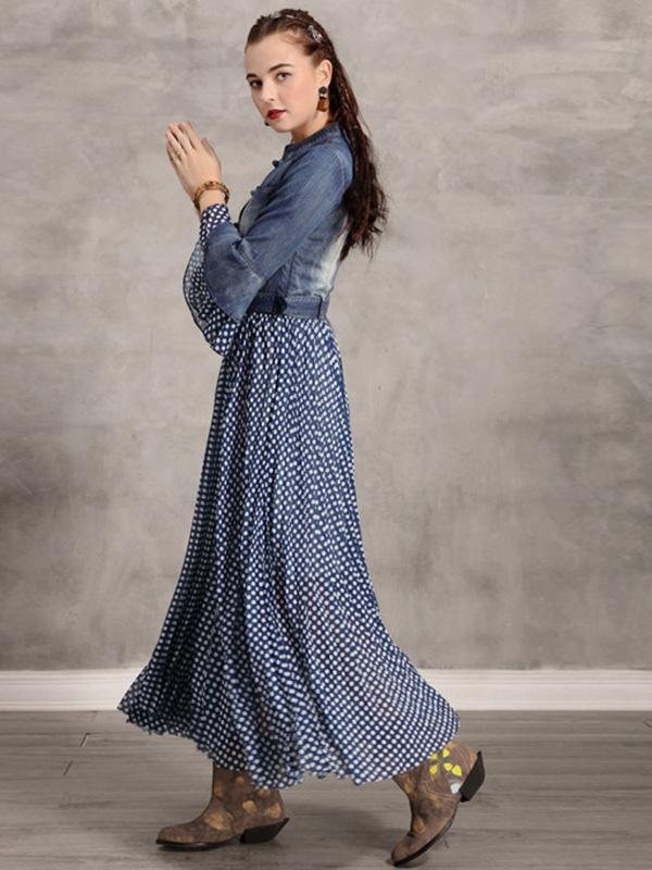 Polka-Dot Stitching Jean Flare Midi Dress