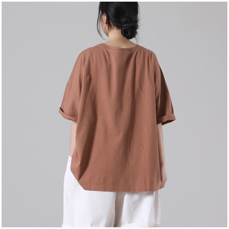Women Loose Patch Stitching Short Sleeve T-Shirt