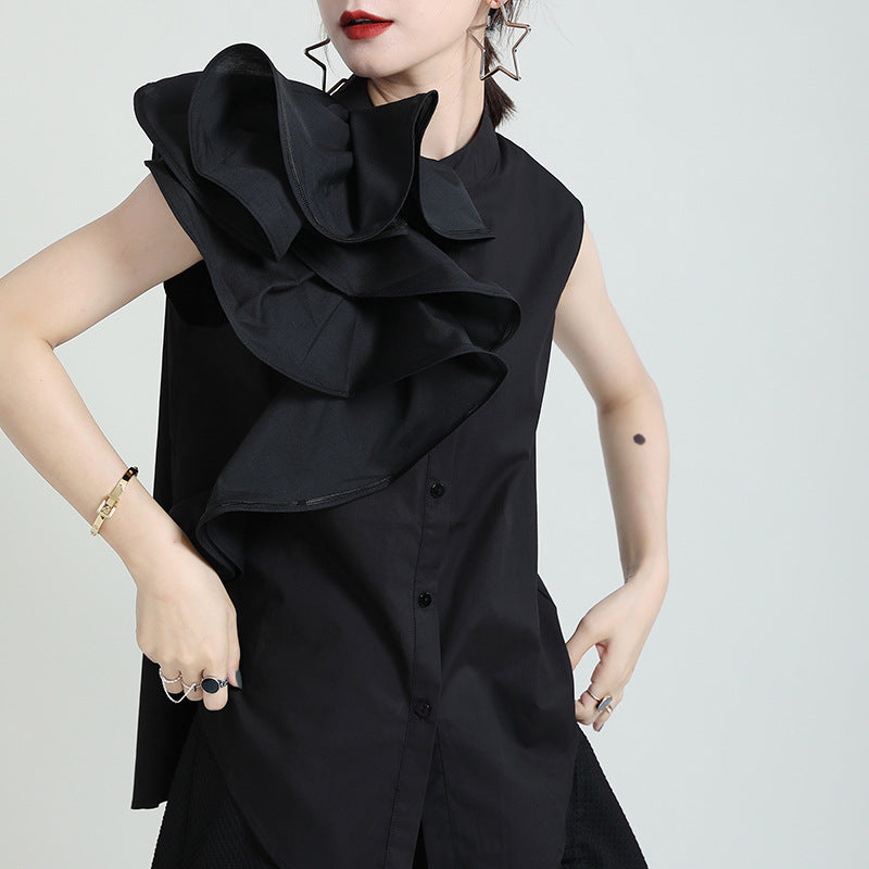Flower Sleeve Loose Collar Sleeveless Shirt