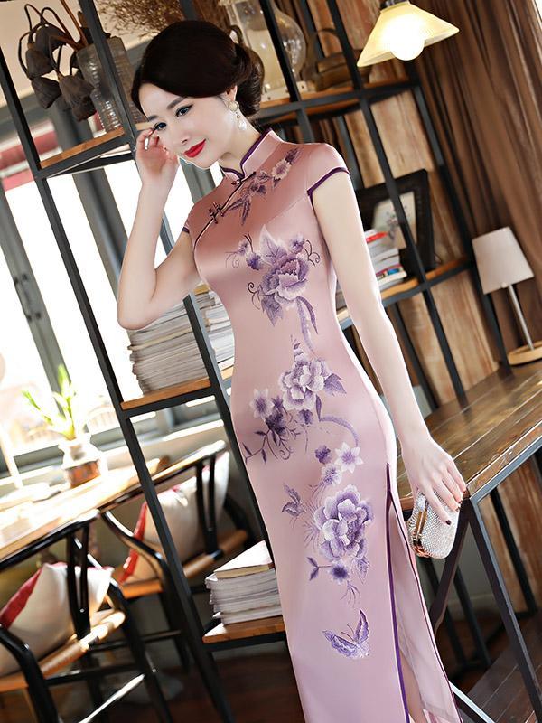 Light Purple Flower Print Stand-collar Long Cheongsam