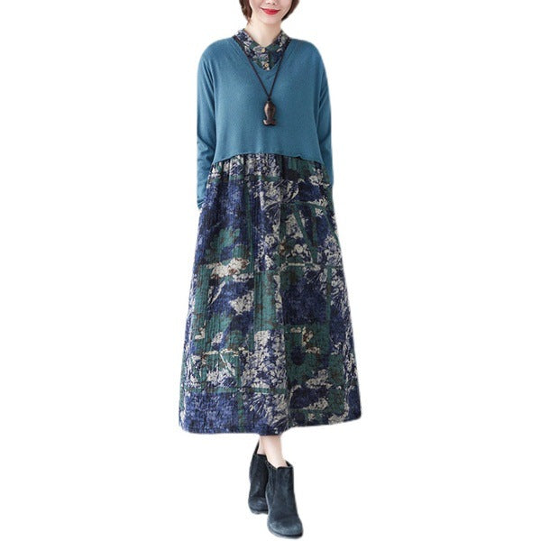 Retro Stitching Print Casual Midi Dress