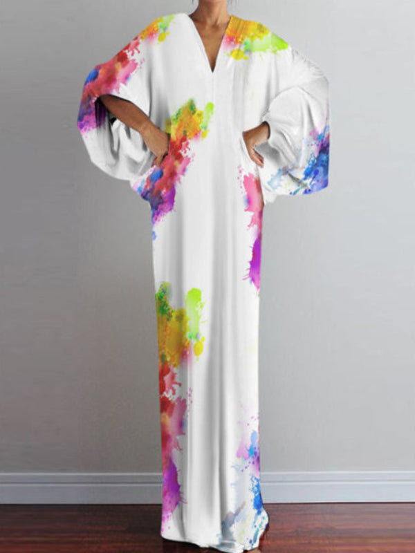 Loose V-Neck Printed Long Sleeves Maxi Dress