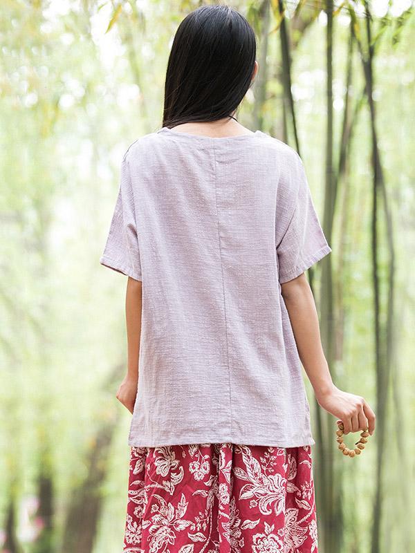 White&Purple High-low Short Sleeves Ramie Cotton T-shirt