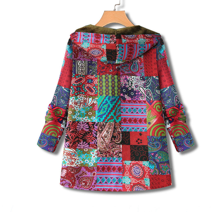 Retro Thicken Ethnic Printed Zipper Outwear