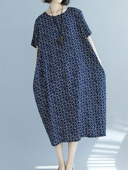 Round Neck Short Sleeve Printed Midi Dresses