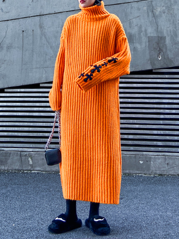 High-Neck Printed Knitting Midi Dress
