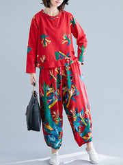 Casual Floral Printed Blouses&Pants Suits