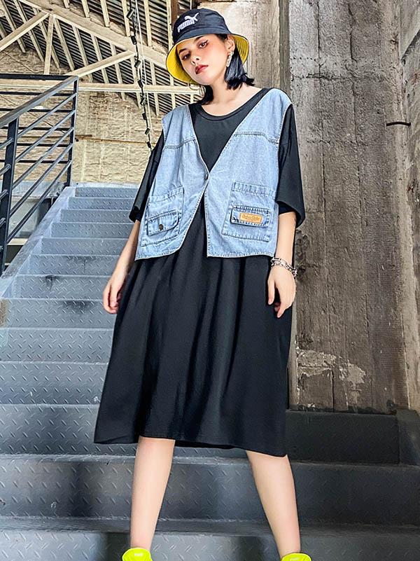 False Two Split-Joint Denim Dress