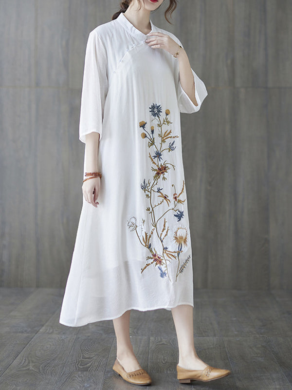 Women Embroidery Retro Loose Slim Dress