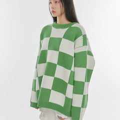 Loose Color Block Plaid Round Neck Knitted Sweater