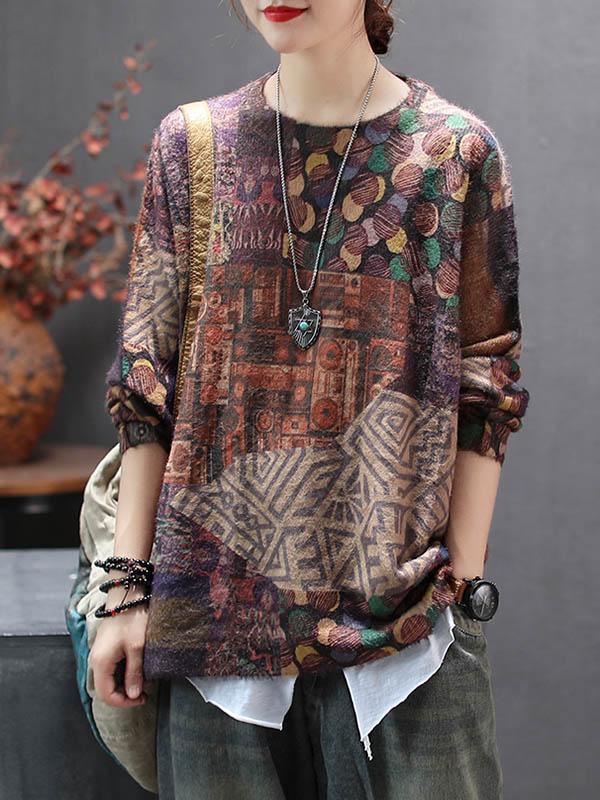 Loose Ethnic Style Print Round Neck Sweater