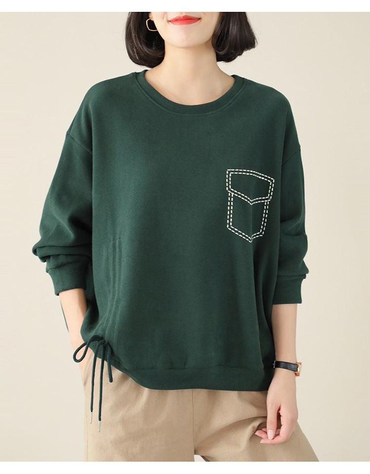 Loose Solid Color Drawstring Sweatshirt