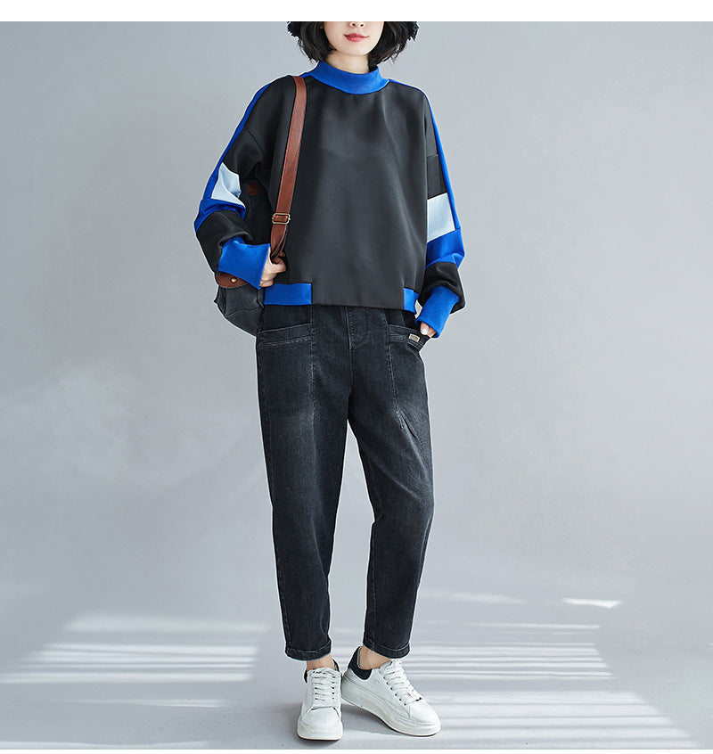 Women High Collar Contrast Stitching Pullover Long Sleeve Sweatshirt