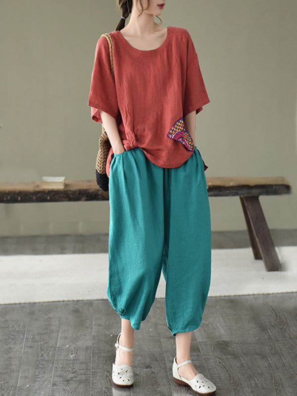 Artistic Retro Drawstring Elasticity Solid Pants