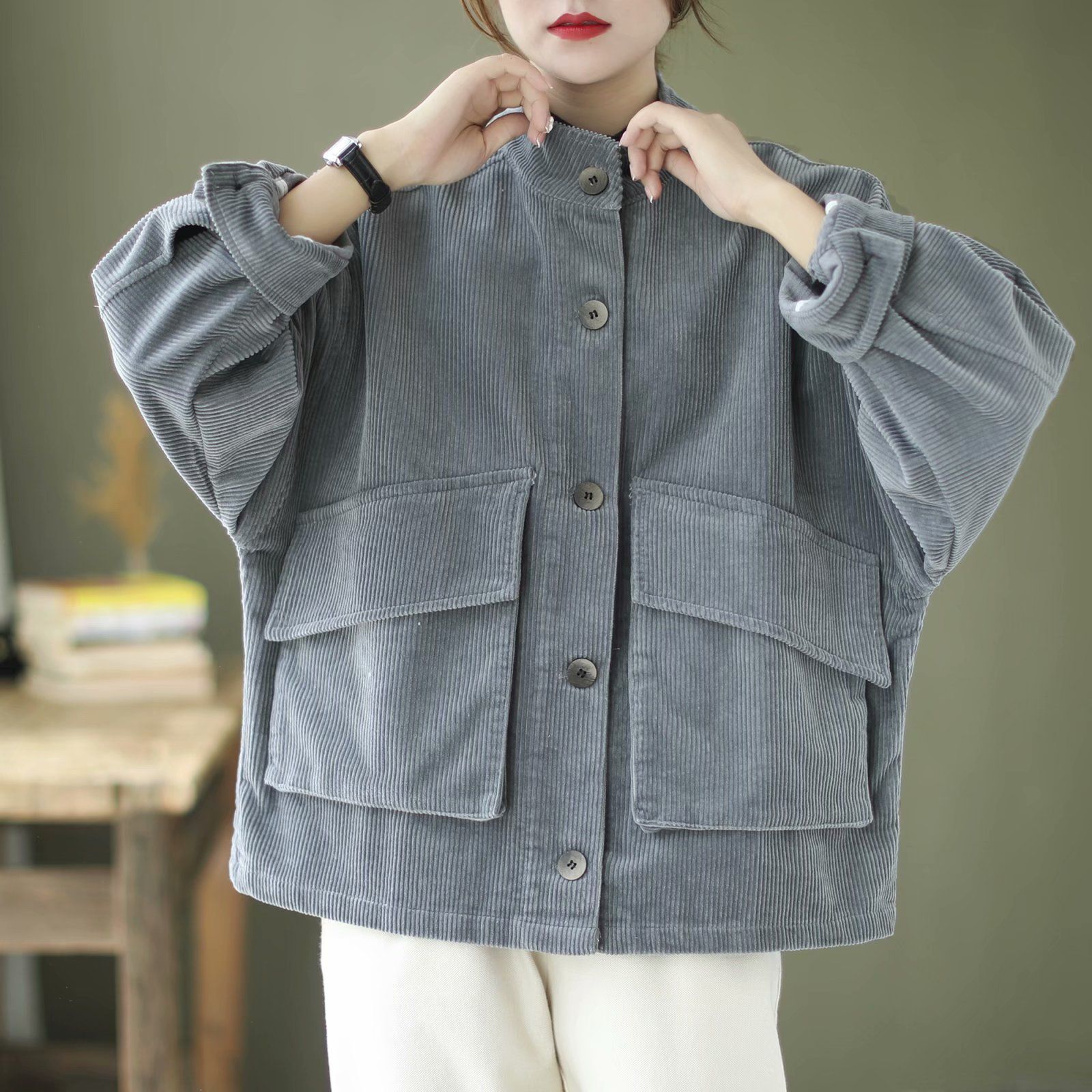 Loose Casual Solid Color Stand Collar Coat