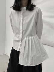 Asymmetric Buttoned Pleated Pure Color Long Sleeves Round-Neck Blouses&Shirts Tops