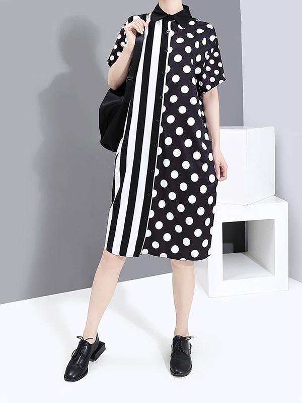 Striped Splicing Polka-Dot Shirt Dress