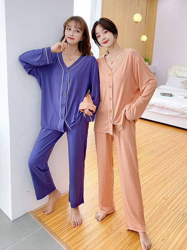 Two Pieces Solid Color Loose Comfort Tops And Pants Pajamas