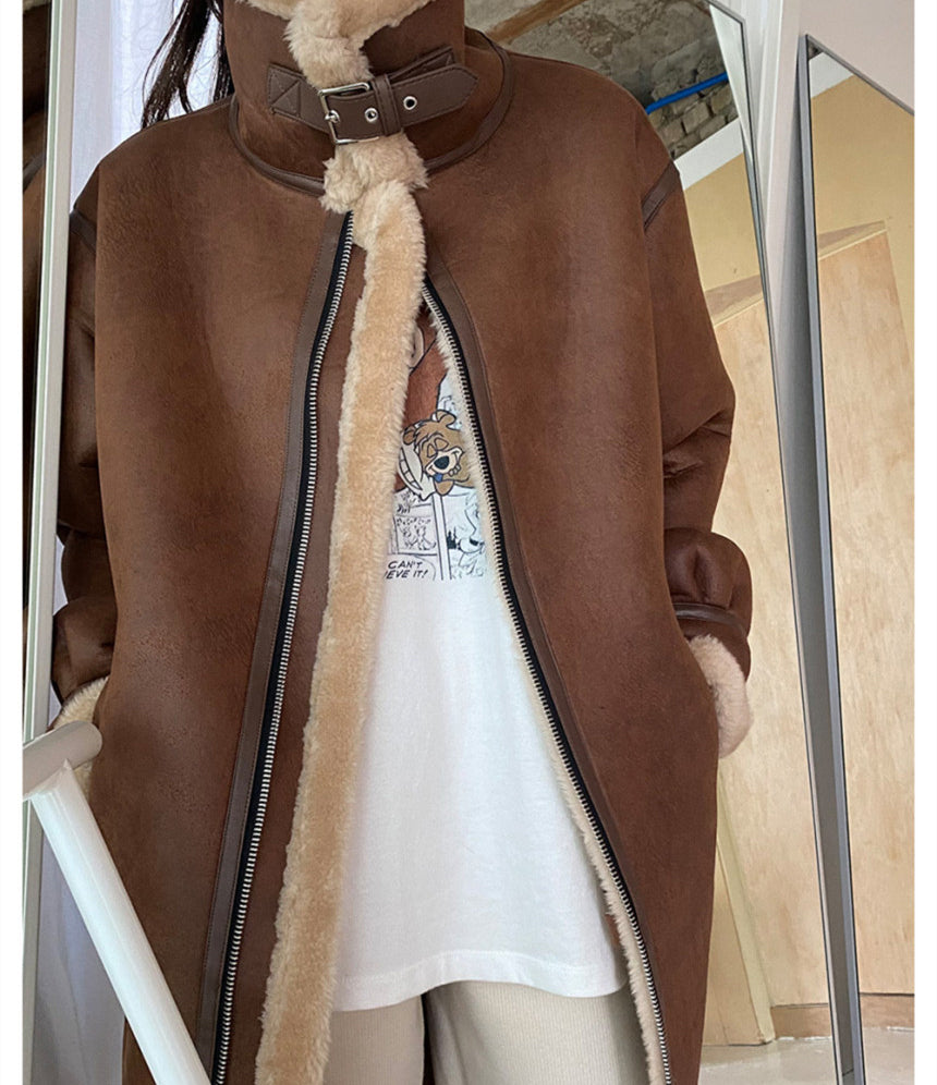 Retro Stand Collar Zipper Loose Long Casual Coat