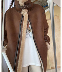 Retro Stand Collar Zipper Loose Long Casual Coat