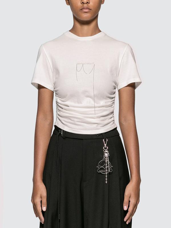 Letter Embroidered Chain Pleated T-Shirt