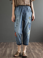 Original Cartoon Printed Denim Capri-Pants