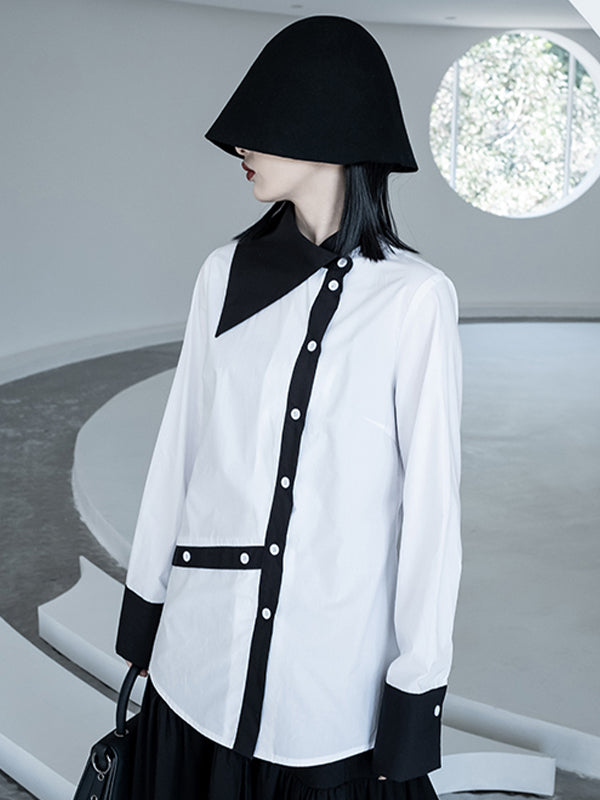 Women Irregular Contrasting Color Large Lapel Collar Casual Shirt