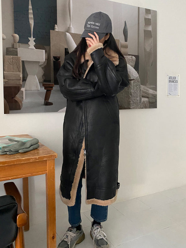 Retro Stand Collar Zipper Loose Long Casual Coat