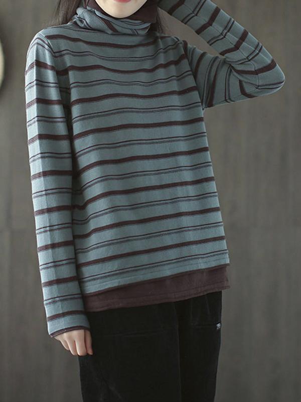 Striped High Neck False Two Knitting Sweater