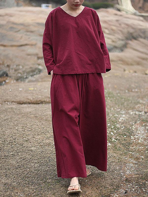 3Color Pure color V-neck Loose Comfortable Suits