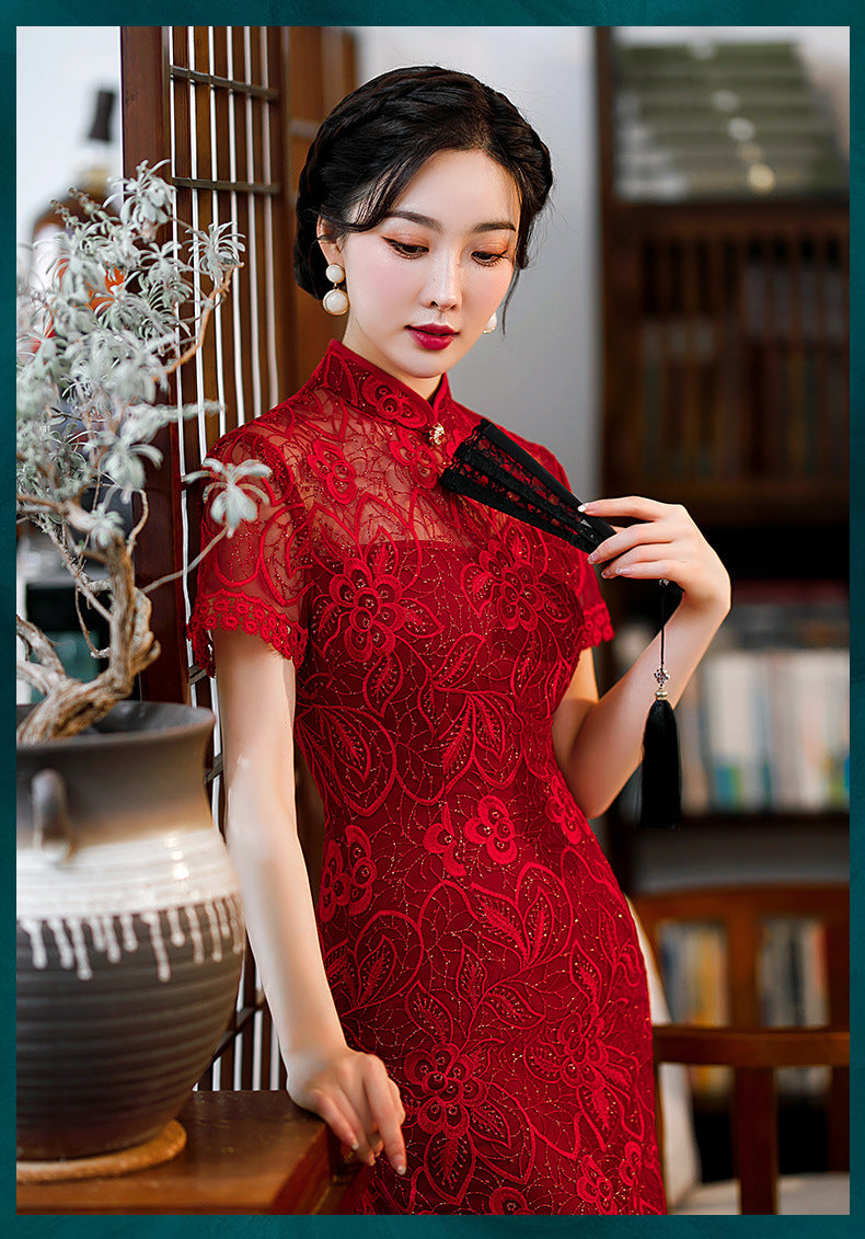 Sequin Hollowed Out Round Lapel Slim Fit Cheongsam With Low Slit Midi Dress