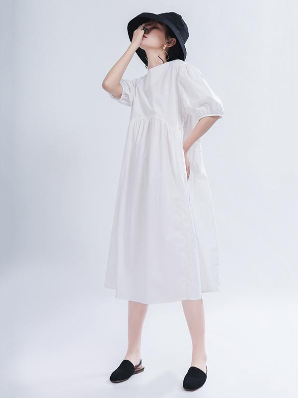 Loose Solid Color Puff Sleeve A-Line Dress