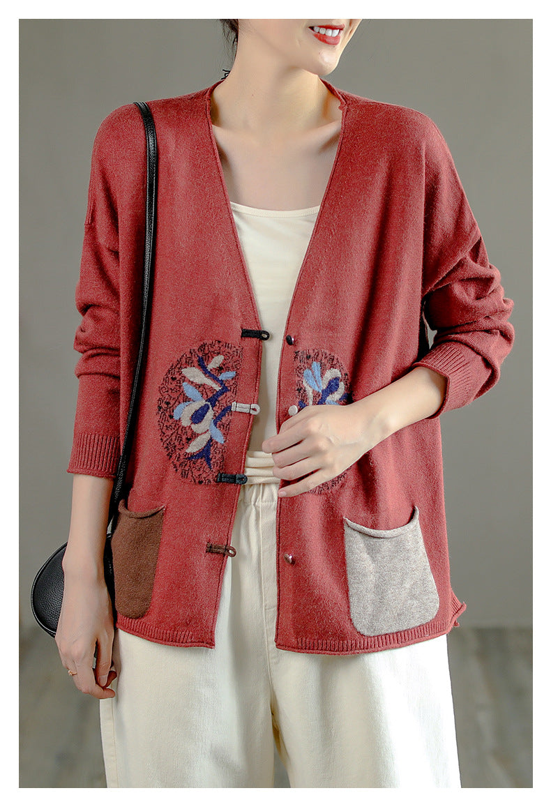 Vintage Printed Plate Button Sweater Coat