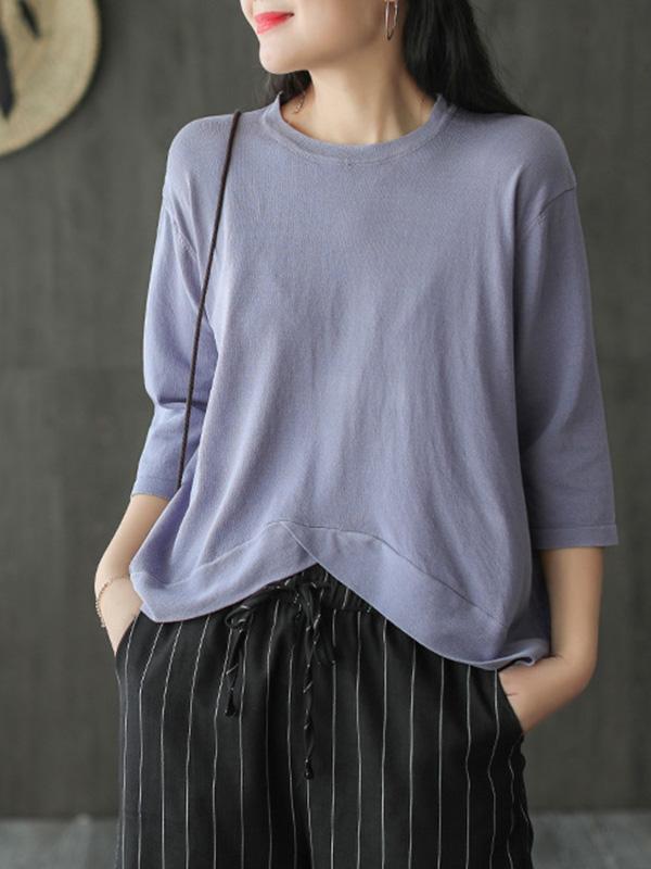 Solid Color Loose Round Neck Cropped T-Shirt